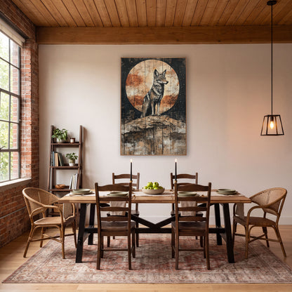 Coyote Rust Moon Starry Western wall art in a rustic western-style room – gray coyote standing on a rocky ridge before