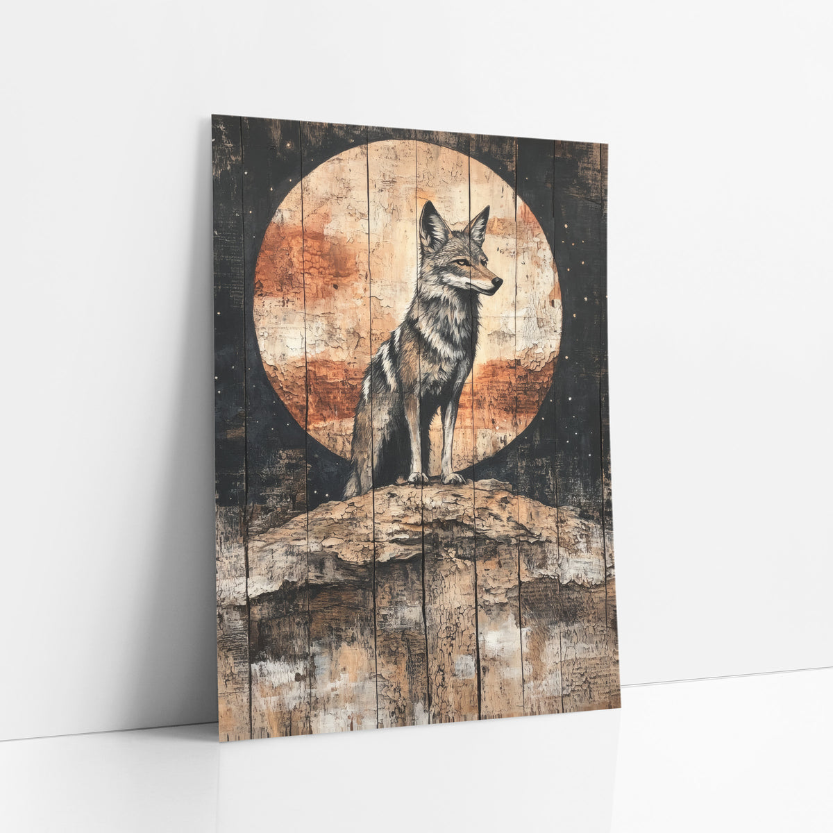 Coyote Rust Moon Starry Western art print leaning against a white wall – gray coyote standing on a rocky ridge before a large