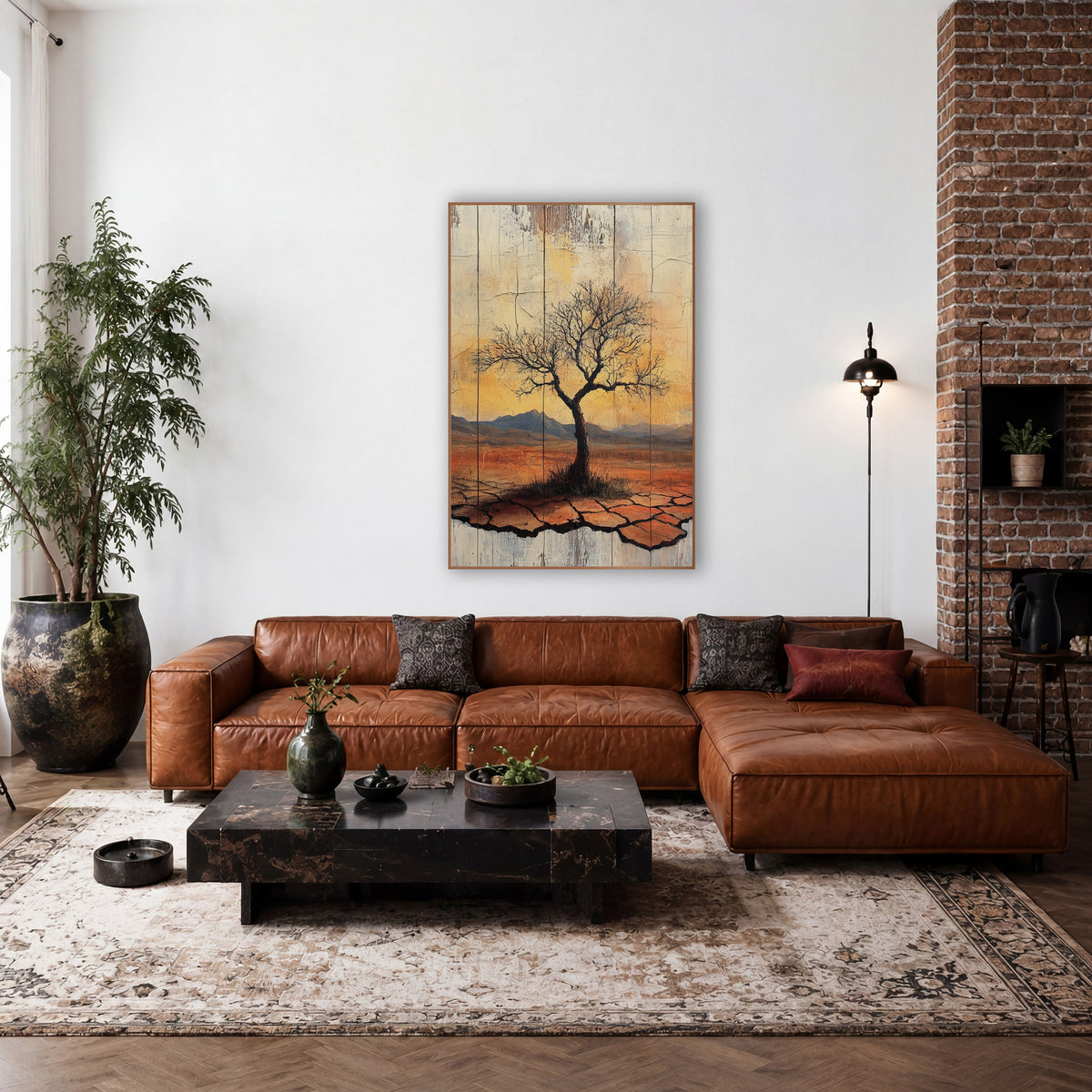 Amber Dusk Bare Tree Rustic wall art in a rustic western-style room – lone bare tree on cracked orange desert ground