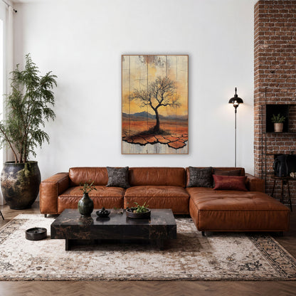 Amber Dusk Bare Tree Rustic wall art in a rustic western-style room – lone bare tree on cracked orange desert ground