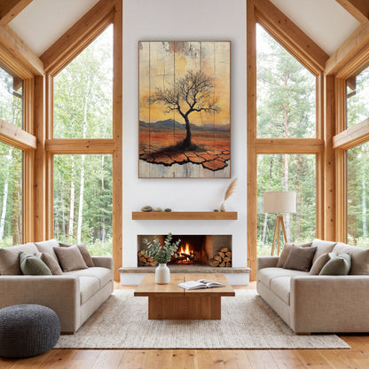 Amber Dusk Bare Tree Rustic wall art in a rustic western-style room – lone bare tree on cracked orange desert ground