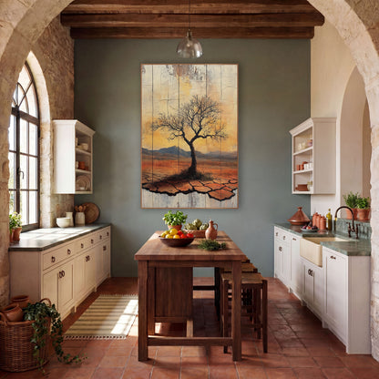 Amber Dusk Bare Tree Rustic wall art in a rustic western-style room – lone bare tree on cracked orange desert ground