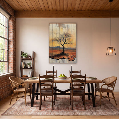 Amber Dusk Bare Tree Rustic wall art in a rustic western-style room – lone bare tree on cracked orange desert ground