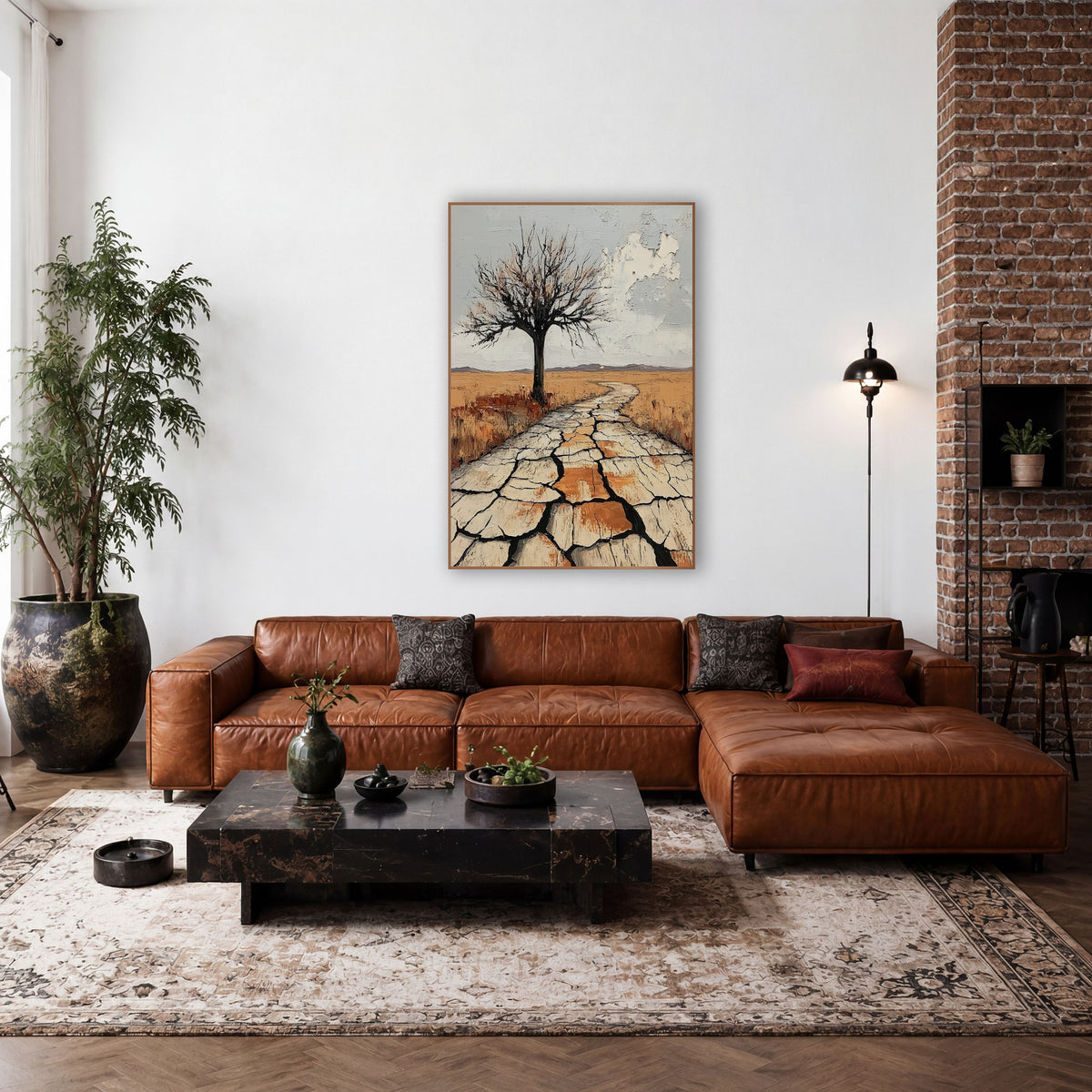 Lone Bare Tree Western Desert wall art in a rustic western-style room – lone bare tree beside a winding path