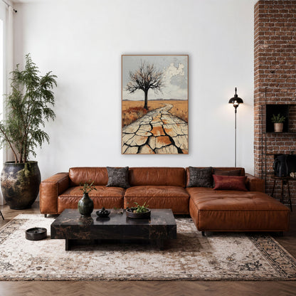 Lone Bare Tree Western Desert wall art in a rustic western-style room – lone bare tree beside a winding path