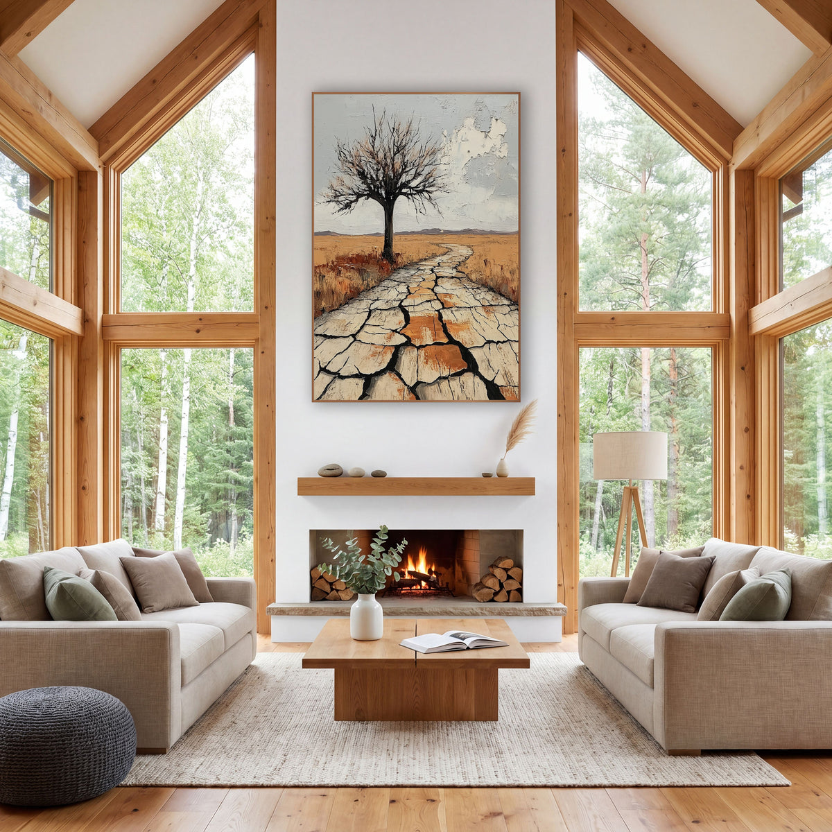 Lone Bare Tree Western Desert wall art in a rustic western-style room – lone bare tree beside a winding path