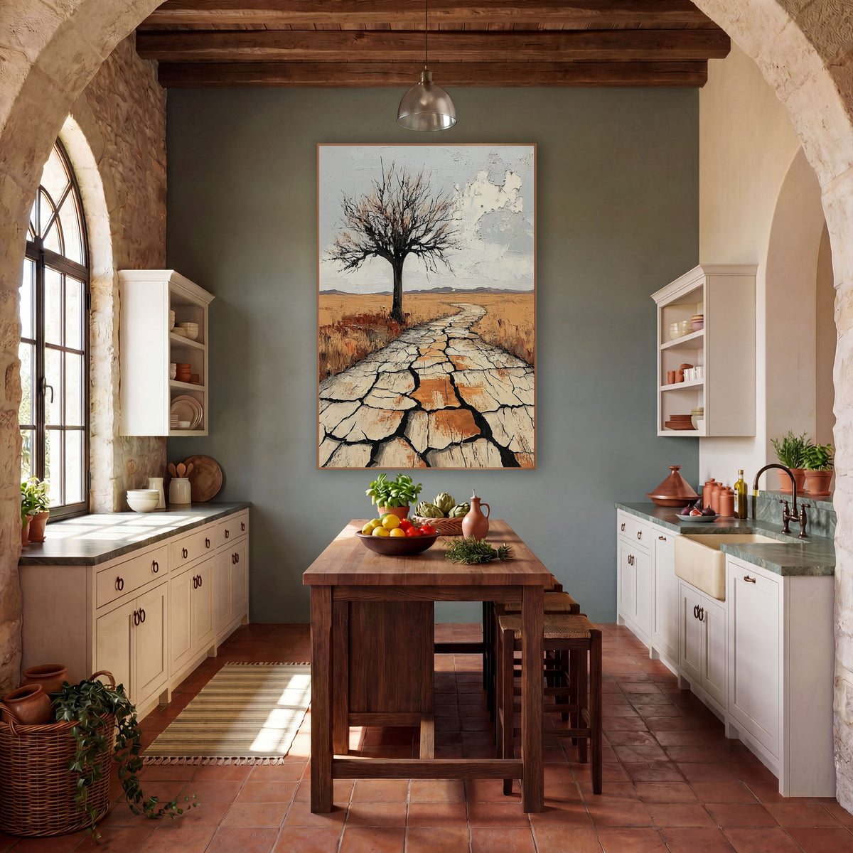 Lone Bare Tree Western Desert wall art in a rustic western-style room – lone bare tree beside a winding path