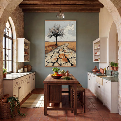 Lone Bare Tree Western Desert wall art in a rustic western-style room – lone bare tree beside a winding path