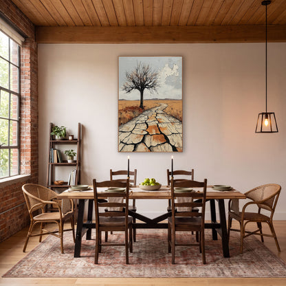 Lone Bare Tree Western Desert wall art in a rustic western-style room – lone bare tree beside a winding path