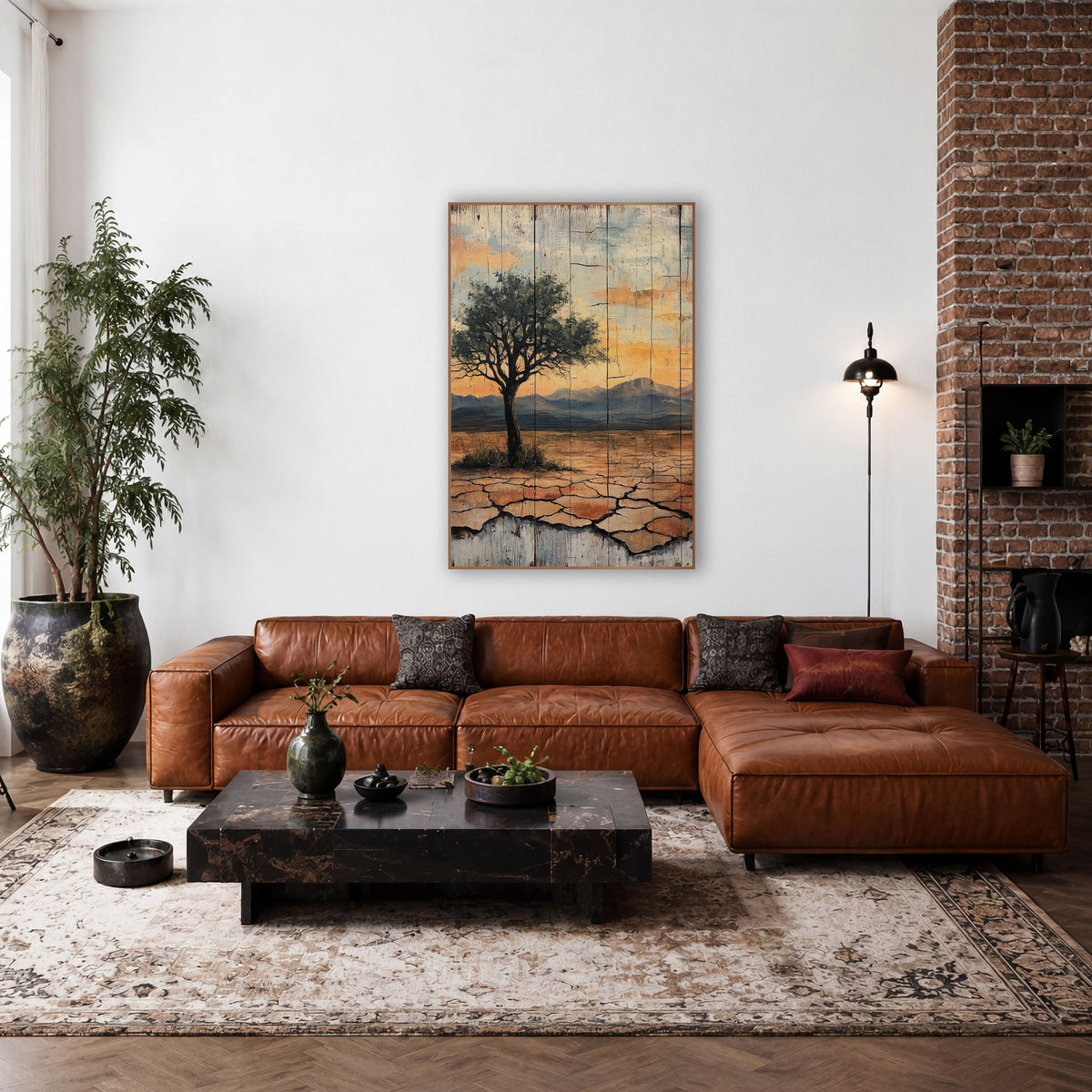 Green Canopy Desert Tree Sunset wall art in a rustic western-style room – lone green tree on cracked desert ground