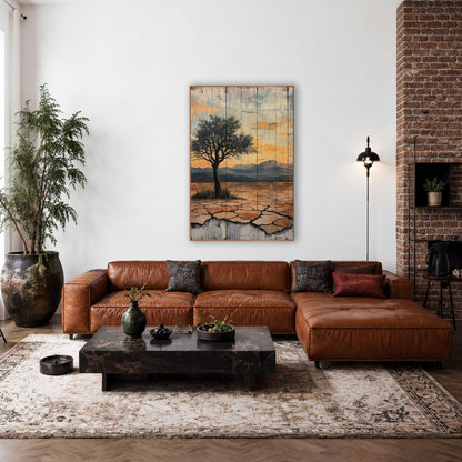 Green Canopy Desert Tree Sunset wall art in a rustic western-style room – lone green tree on cracked desert ground
