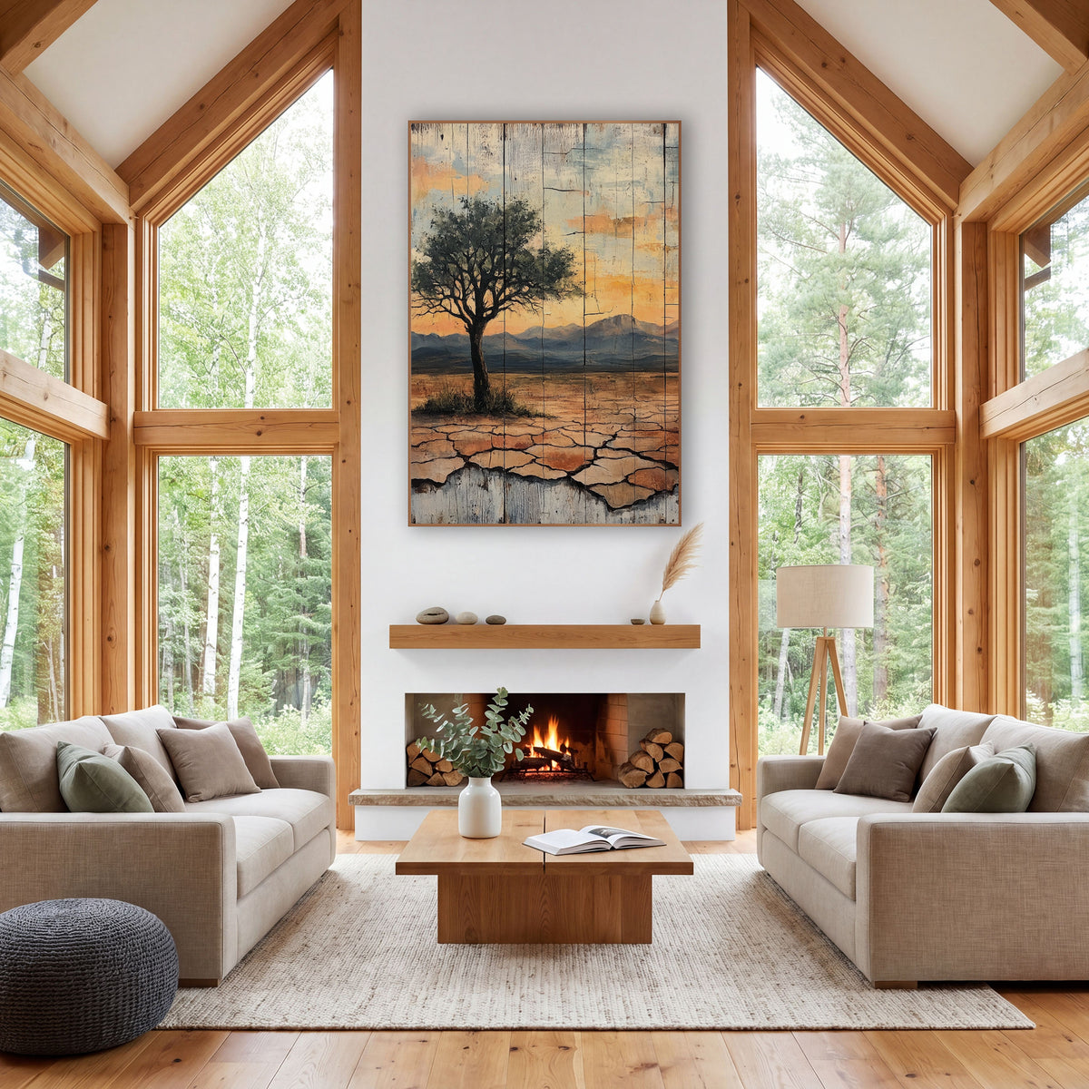 Green Canopy Desert Tree Sunset wall art in a rustic western-style room – lone green tree on cracked desert ground