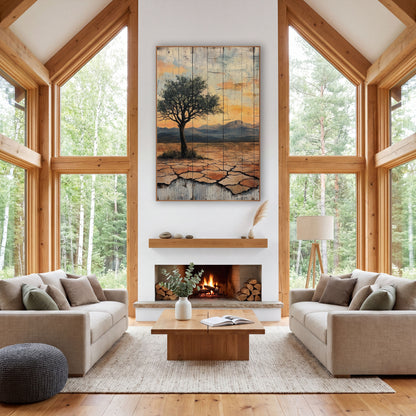 Green Canopy Desert Tree Sunset wall art in a rustic western-style room – lone green tree on cracked desert ground