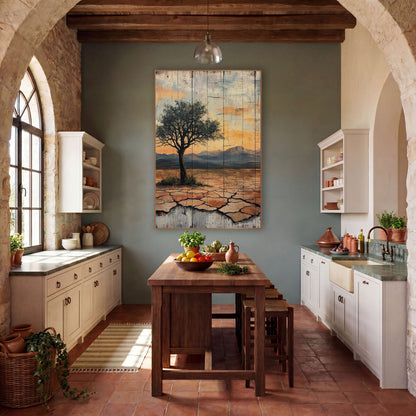 Green Canopy Desert Tree Sunset wall art in a rustic western-style room – lone green tree on cracked desert ground