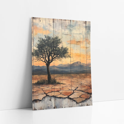 Green Canopy Desert Tree Sunset art print leaning against a white wall – lone green tree on cracked desert ground with blue