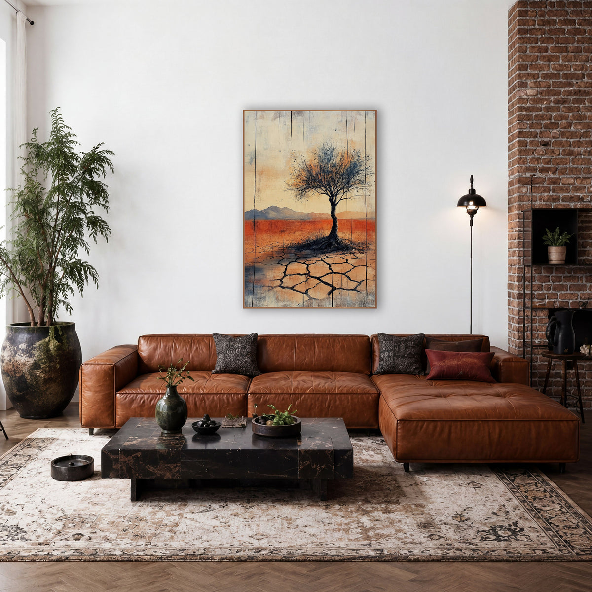 Twisted Trunk Desert Tree Abstract wall art in a rustic western-style room – lone bare tree on cracked desert ground