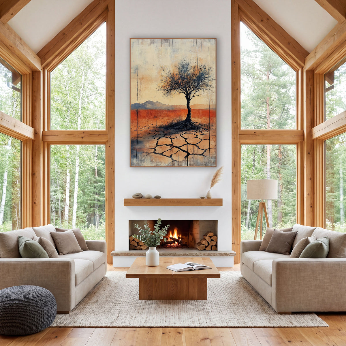 Twisted Trunk Desert Tree Abstract wall art in a rustic western-style room – lone bare tree on cracked desert ground