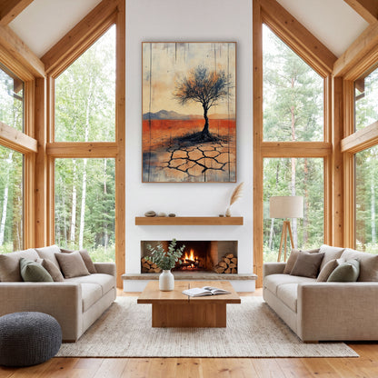 Twisted Trunk Desert Tree Abstract wall art in a rustic western-style room – lone bare tree on cracked desert ground