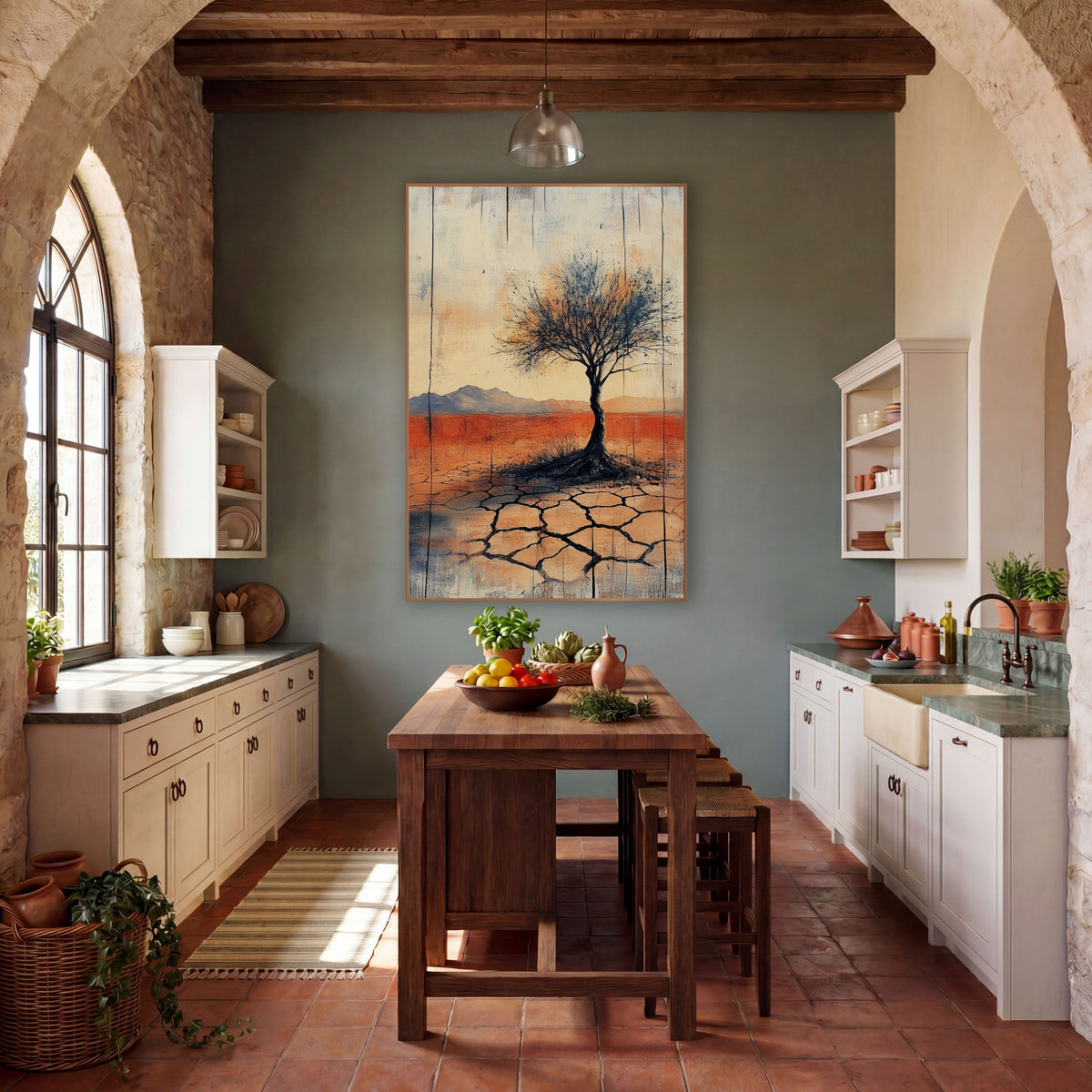 Twisted Trunk Desert Tree Abstract wall art in a rustic western-style room – lone bare tree on cracked desert ground