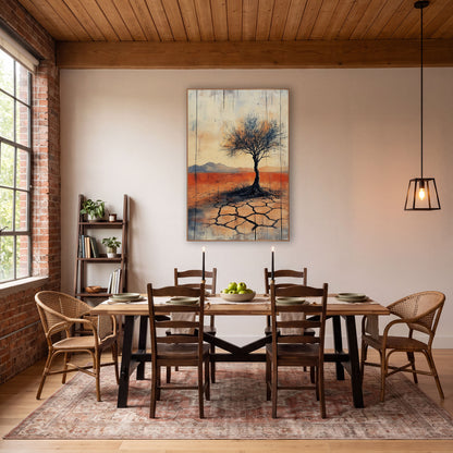Twisted Trunk Desert Tree Abstract wall art in a rustic western-style room – lone bare tree on cracked desert ground
