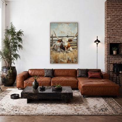 Fenceline Longhorn Resting Rustic wall art in a rustic western-style room – longhorn steer lying in golden grass