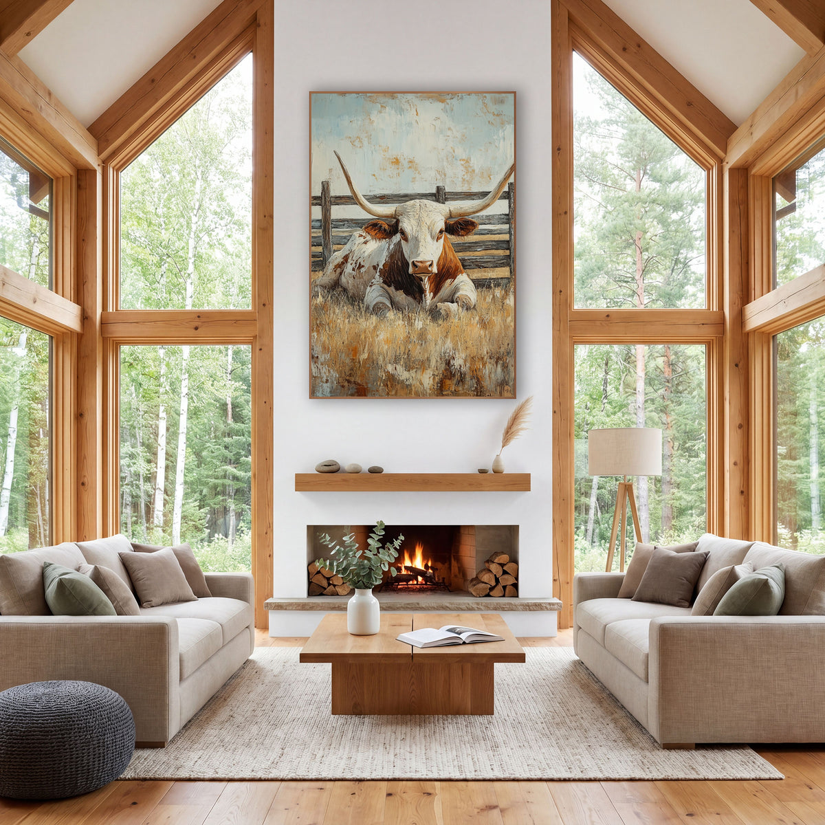 Fenceline Longhorn Resting Rustic wall art in a rustic western-style room – longhorn steer lying in golden grass