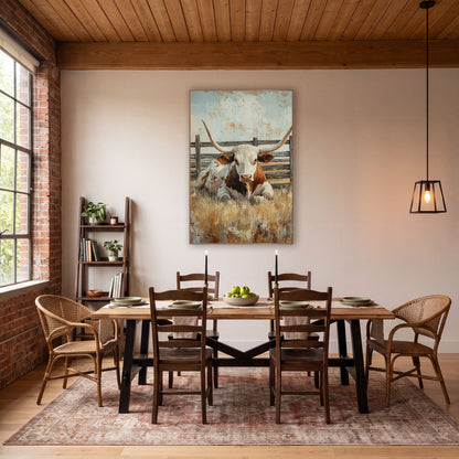 Fenceline Longhorn Resting Rustic wall art in a rustic western-style room – longhorn steer lying in golden grass