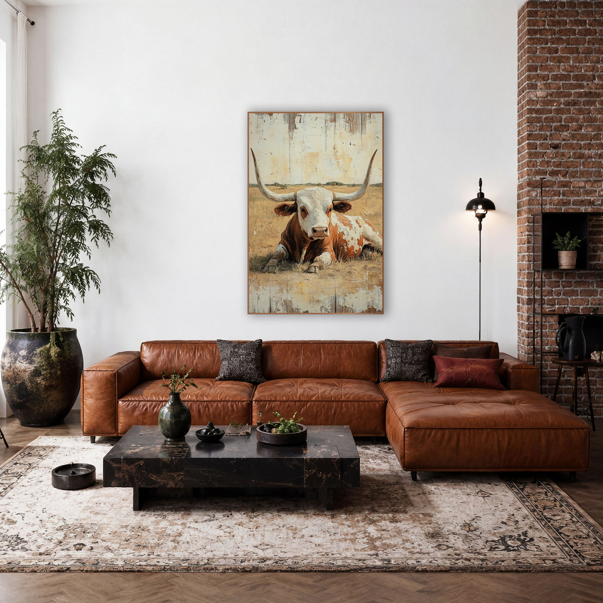 Open Range Longhorn Whitewashed Western wall art in a rustic western-style room – rust and white longhorn bull lying