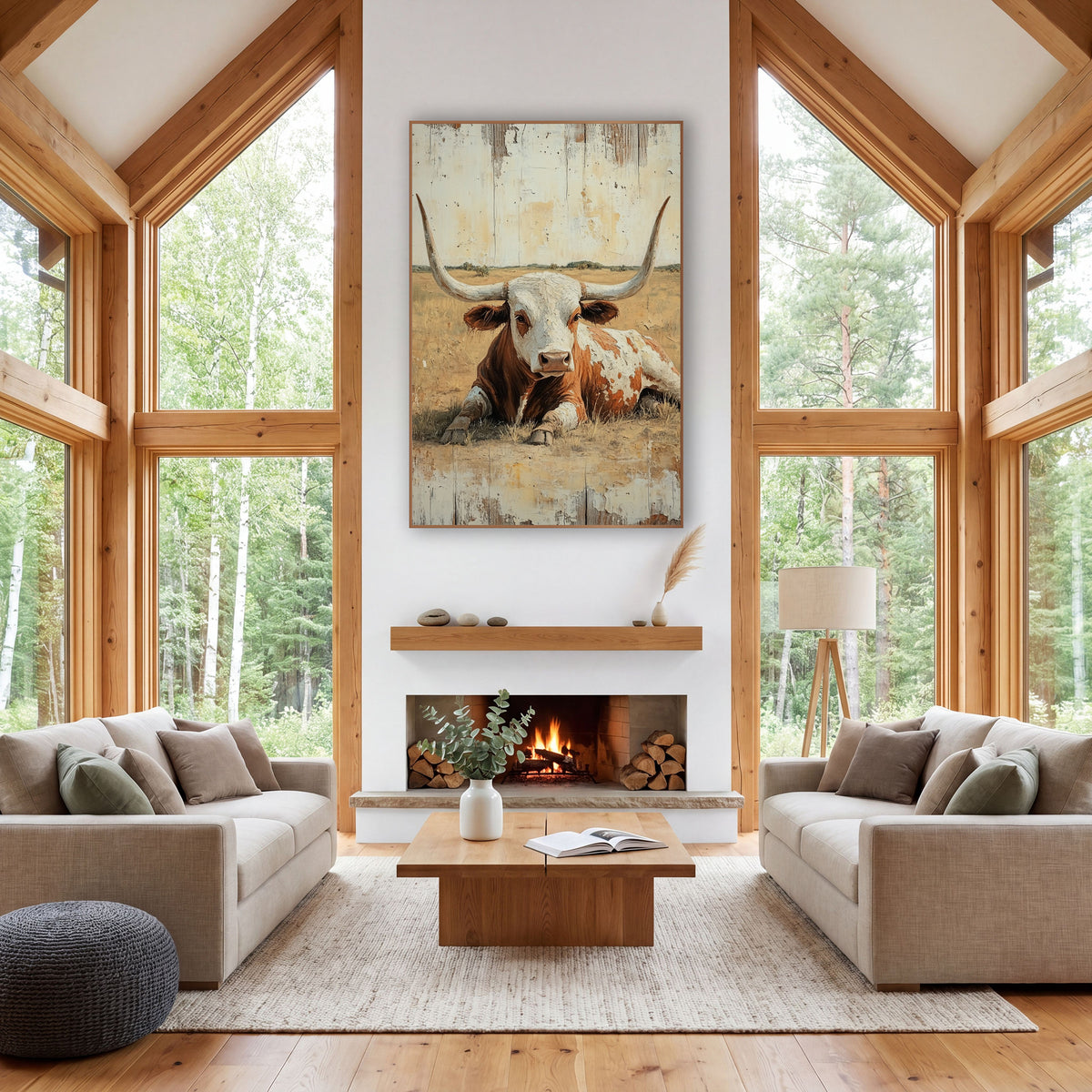 Open Range Longhorn Whitewashed Western wall art in a rustic western-style room – rust and white longhorn bull lying