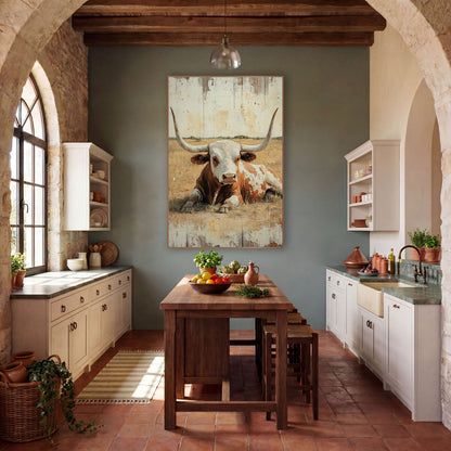 Open Range Longhorn Whitewashed Western wall art in a rustic western-style room – rust and white longhorn bull lying