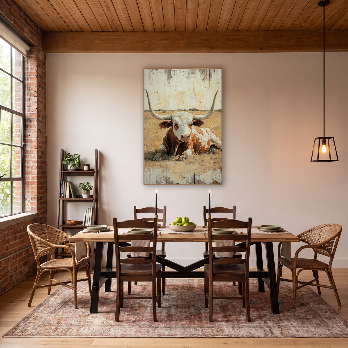 Open Range Longhorn Whitewashed Western wall art in a rustic western-style room – rust and white longhorn bull lying