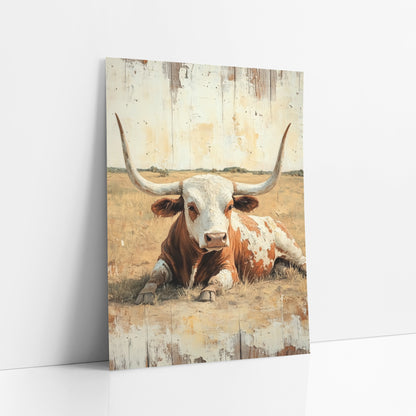 Open Range Longhorn Whitewashed Western art print leaning against a white wall – rust and white longhorn bull lying in dry