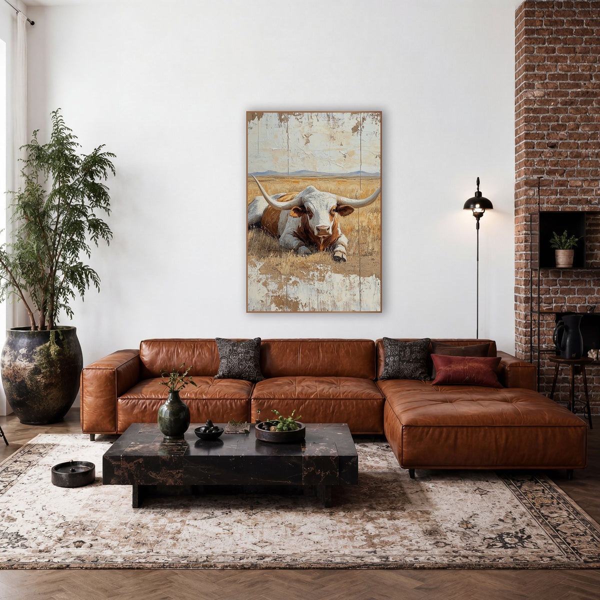 Resting Longhorn in Golden Pasture Western wall art in a rustic western-style room – white and rust-brown longhorn