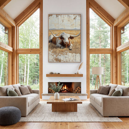 Resting Longhorn in Golden Pasture Western wall art in a rustic western-style room – white and rust-brown longhorn