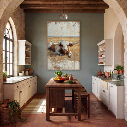 Resting Longhorn in Golden Pasture Western wall art in a rustic western-style room – white and rust-brown longhorn