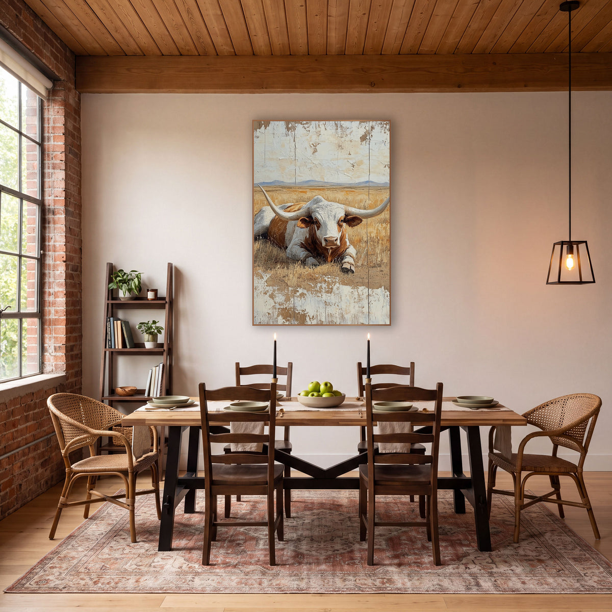 Resting Longhorn in Golden Pasture Western wall art in a rustic western-style room – white and rust-brown longhorn