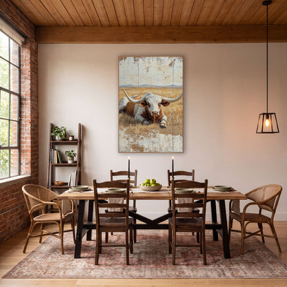 Resting Longhorn in Golden Pasture Western wall art in a rustic western-style room – white and rust-brown longhorn