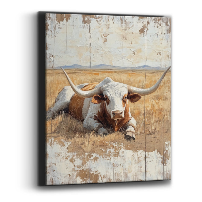 Resting Longhorn in Golden Pasture Western Canvas Wall Art