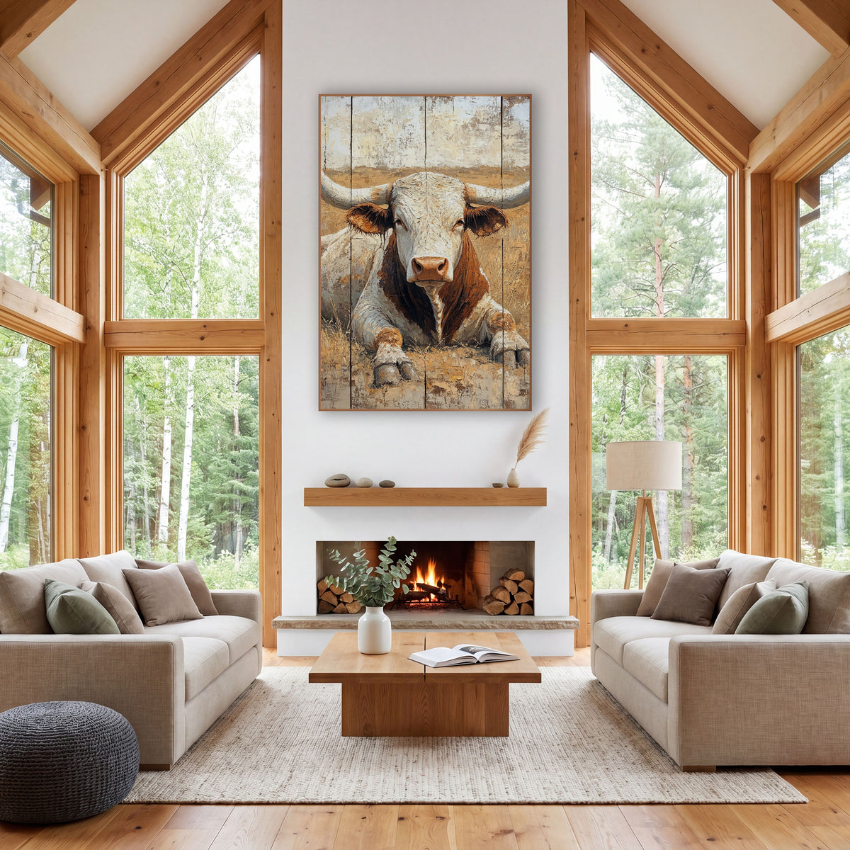 Plank Panel Longhorn Face Rustic wall art in a rustic western-style room – longhorn bull lying in dry golden grass