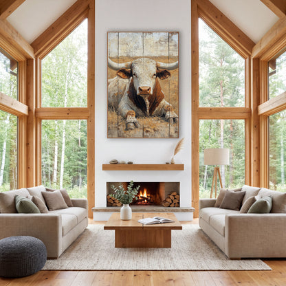 Plank Panel Longhorn Face Rustic wall art in a rustic western-style room – longhorn bull lying in dry golden grass