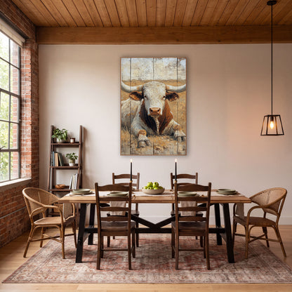 Plank Panel Longhorn Face Rustic wall art in a rustic western-style room – longhorn bull lying in dry golden grass