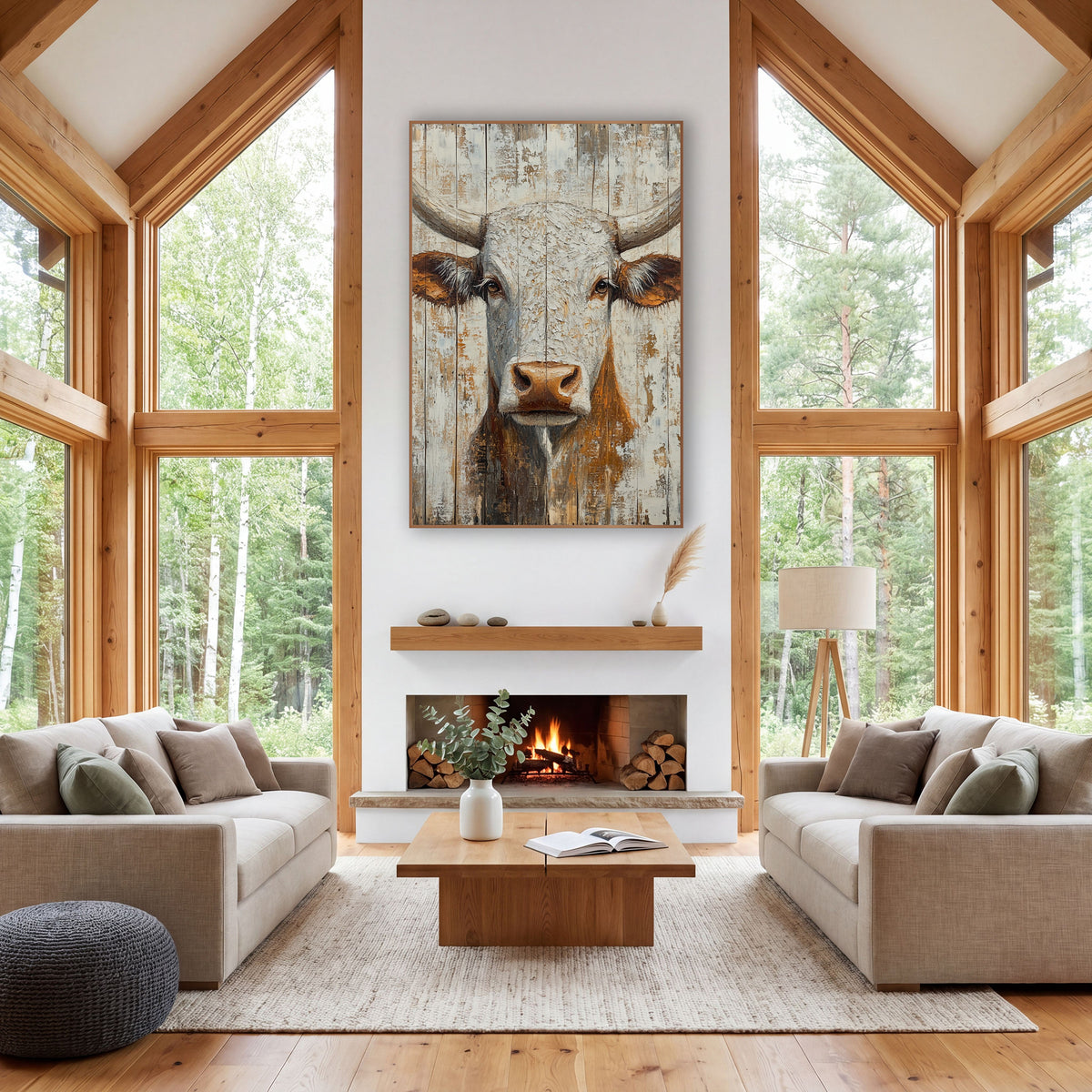 Gray Longhorn Whitewashed Planks Rustic wall art in a rustic western-style room – front view of a cream and rust-brown