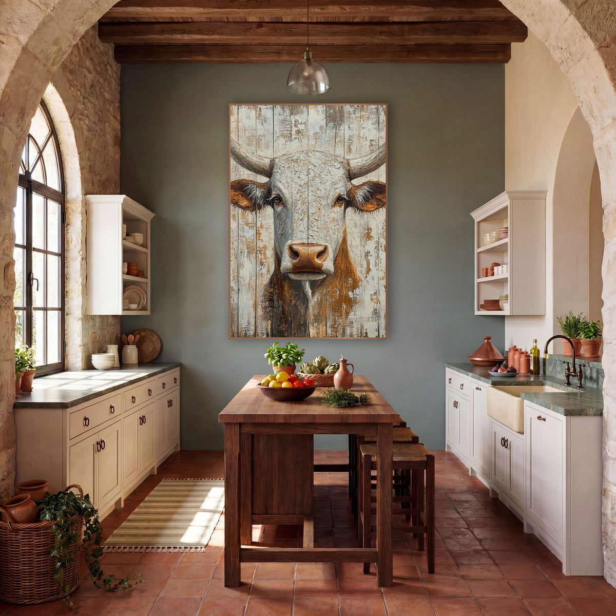 Gray Longhorn Whitewashed Planks Rustic wall art in a rustic western-style room – front view of a cream and rust-brown