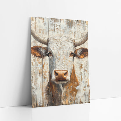 Gray Longhorn Whitewashed Planks Rustic art print leaning against a white wall – front view of a cream and rust-brown