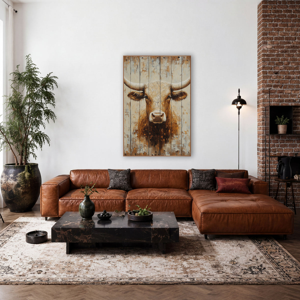 Golden Longhorn Cracked Cream Rustic wall art in a rustic western-style room – longhorn bull head with wide curved