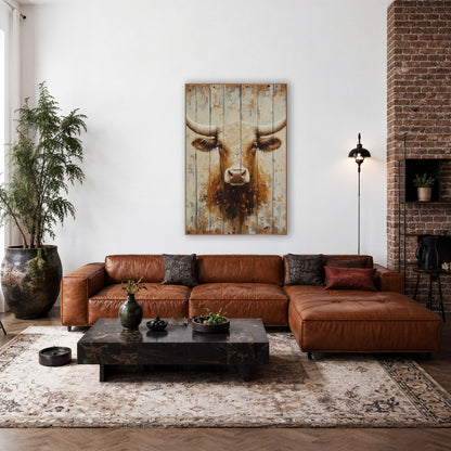 Golden Longhorn Cracked Cream Rustic wall art in a rustic western-style room – longhorn bull head with wide curved