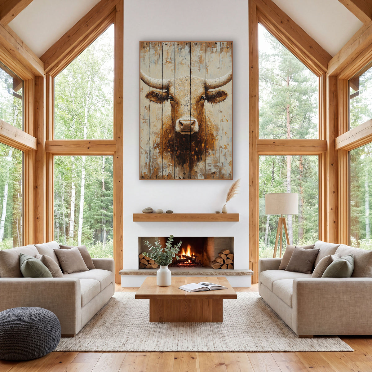 Golden Longhorn Cracked Cream Rustic wall art in a rustic western-style room – longhorn bull head with wide curved