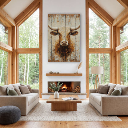 Golden Longhorn Cracked Cream Rustic wall art in a rustic western-style room – longhorn bull head with wide curved
