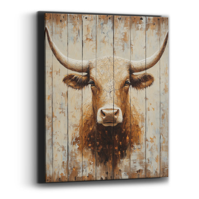 Golden Longhorn Cracked Cream Rustic Canvas Wall Art