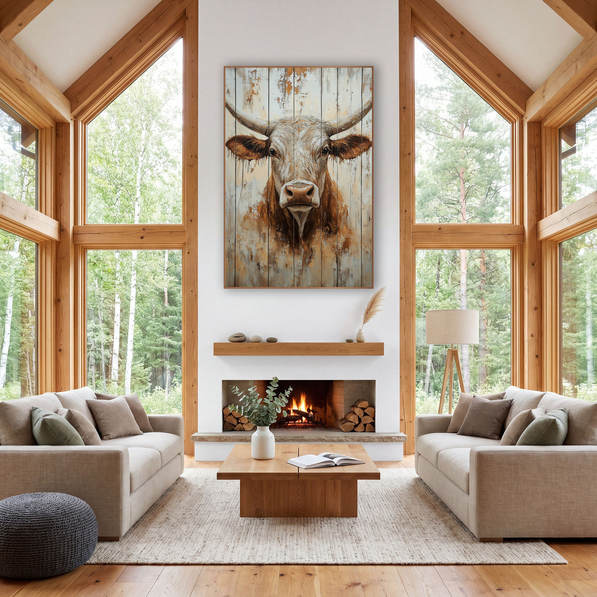 Whitewashed Plank Longhorn Face Rustic wall art in a rustic western-style room – front-facing longhorn steer